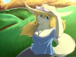  anthro blonde_hair blue_eyes breasts canine cleavage clothed clothing day detailed_background digital_media_(artwork) female grass hair hat infinitedge2u looking_at_viewer mammal outside sky solo sundress tree 