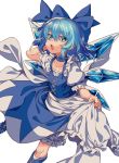  adapted_costume apron apron_hold arm_up bloomers blue_bow blue_choker blue_eyes blue_footwear blue_hair boots bow choker cirno collarbone dress hair_bow highres ice ice_wings knee_boots looking_at_viewer manarou open_mouth puffy_short_sleeves puffy_sleeves short_hair short_sleeves simple_background solo touhou underwear white_background wings 