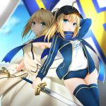  2girls artoria_pendragon_(all) black_hat black_legwear blonde_hair blue_buruma blue_eyes blue_jacket blue_scarf blue_sky blurry blurry_background buruma character_name dress excalibur eyebrows_visible_through_hair fate_(series) gloves green_eyes gym_uniform hair_between_eyes hat holding holding_sword holding_weapon jacket long_dress long_hair looking_at_viewer multiple_girls mysterious_heroine_x open_clothes open_jacket open_mouth peaked_cap ponytail saber_lily santarou scarf shirt sidelocks sky sleeveless sleeveless_dress strapless strapless_dress sword thighhighs weapon white_dress white_gloves white_shirt 