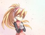  2578221183 bangs blonde_hair ciel_(rockman) closed_eyes closed_mouth eyebrows_visible_through_hair gloves hair_between_eyes hands_together headgear high_ponytail long_hair ponytail rockman rockman_zero simple_background smile solo upper_body white_gloves 