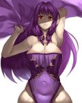  absurdres adapted_costume bangs bare_shoulders breasts cape choker cleavage covered_navel fate/grand_order fate_(series) highres kisaragi_(legobionicle23) large_breasts light_smile long_hair looking_at_viewer one-piece_swimsuit red_eyes scathach_(fate)_(all) scathach_skadi_(fate/grand_order) shadow solo swimsuit white_background 