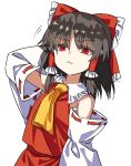  :&lt; annoyed arm_at_side arm_behind_head arm_up armpit_peek ascot bags_under_eyes bare_shoulders bow brown_hair closed_mouth detached_sleeves empty_eyes eyebrows_visible_through_hair frilled_bow frills hair_bow hair_ornament hair_tubes hakurei_reimu highres long_sleeves looking_at_viewer manarou medium_hair motion_lines red_eyes red_skirt red_vest ribbon-trimmed_sleeves ribbon_trim scratching simple_background skirt skirt_set solo touhou upper_body v-shaped_eyebrows vest white_background wide_sleeves yellow_neckwear 