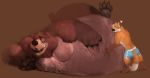  &lt;3 anthro bear belly big_belly big_lips brown_background brown_fur canine chubby_cheeks clothing digital_drawing_(artwork) digital_media_(artwork) fox fullheroo fur fuzzy half-closed_eyes hand_on_stomach hug lips male male/male mammal morbidly_obese obese obese_male overweight shorts simple_background smile 