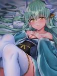  bed blush breasts cleavage commentary_request eyebrows_visible_through_hair fate/grand_order fate_(series) green_hair hair_between_eyes hands_on_own_chest heart highres horns japanese_clothes jiiwara kiyohime_(fate/grand_order) long_hair looking_at_viewer lying on_back pillow sash smile solo thighhighs very_long_hair white_legwear yellow_eyes 