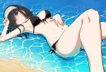 absurdres bikini black_bikini black_hair blue_eyes blush breasts cleavage eyebrows_visible_through_hair front-tie_top go-1 groin hair_over_eyes hand_on_own_stomach highres idolmaster idolmaster_cinderella_girls idolmaster_cinderella_girls_starlight_stage large_breasts long_hair looking_at_viewer lying navel nose_blush on_back partially_submerged sagisawa_fumika side-tie_bottom solo strap_slip swimsuit thighs thinking water 