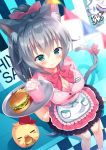  :3 absurdres animal animal_ears apron arm_support bangs baseball_cap bird blue_eyes blurry blurry_foreground blush bow breasts cat_ears cat_girl cat_tail cherry chick cleavage closed_mouth commentary_request depth_of_field dress_shirt drinking_straw dutch_angle eyebrows_visible_through_hair food french_fries frilled_apron frills fruit green_eyes hair_between_eyes hair_bow hamburger hand_up hat heterochromia highres holding holding_tray huge_filesize large_breasts long_hair looking_at_viewer original pennant pink_bow pink_shirt pink_skirt pleated_skirt ponytail red_bow red_hat shirt short_sleeves sidelocks silver_hair sitting skirt smile solo standing string_of_flags tail tail_bow tail_raised tougetsu_hajime tray uniform very_long_hair waist_apron waitress white_apron 
