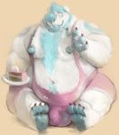  anthro bear belly big_belly big_lips blue_fur blue_lips bulge cake claws clothed clothing cute_fangs digital_drawing_(artwork) digital_media_(artwork) food fullheroo fur hair half-closed_eyes lips male mammal navel nipples obese overweight pawpads paws sitting solo toe_claws white_fur 
