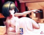  bangs bare_shoulders bed_sheet bedroom blue_eyes blurry blurry_background blush breasts brown_hair can cleavage collarbone controller eyebrows_visible_through_hair green_eyes green_hair heterochromia highres holding holding_can holding_remote idolmaster idolmaster_cinderella_girls indoors infinote looking_away lying medium_breasts mole mole_under_eye naked_sheet on_bed on_side parted_lips remote_control short_hair sideboob signature solo takagaki_kaede thighs under_covers 