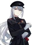  adjusting_clothes bangs duoyuanjun expressionless eyebrows_visible_through_hair gloves hat highres higuchi_kaede jacket katana long_hair long_sleeves military military_uniform mole mole_under_eye nijisanji peaked_cap ponytail purple_eyes sidelocks silver_hair simple_background sword uniform very_long_hair virtual_youtuber weapon white_background white_gloves 