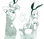  1girl adjusting_hair animal_ears ass backless_outfit bangs breasts bunny_boy bunny_ears bunny_girl bunny_tail bunnysuit cowboy_shot crossdressing greyscale hair_bun hand_on_own_chest leotard leotard_pull link long_hair looking_at_viewer looking_back medium_breasts monochrome parted_bangs pointy_ears princess_zelda short_hair shuri_(84k) simple_background straight_hair tail the_legend_of_zelda the_legend_of_zelda:_breath_of_the_wild thick_eyebrows twitter_username white_background 