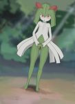  1girl armad bar_censor blush censored collarbone dutch_angle female flat_chest full_body gen_3_pokemon green_hair highres kirlia looking_down nipples no_humans nude open_mouth outdoors personification pokemon pokemon_(creature) pussy shiny shiny_hair shiny_skin short_hair solo standing tree 