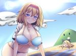  alice_margatroid alternate_breast_size beach bikini black_bow blonde_hair blue_bikini blue_eyes blush bow breasts cloud commentary_request curvy day hair_between_eyes hairband huge_breasts lolita_hairband multiple_girls navel o_o open_mouth sunlight swimsuit thighs touhou xialu_zajin 