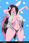  abs anthro big_breasts big_ears black_hair black_nose breasts chest_tuft clothed clothing eyes_closed female fur hair huge_breasts kyoko_usagi lagomorph long_ears long_hair mammal mastergodai mature_female multicolored_hair muscular muscular_female one_ear open_mouth open_shirt patreon pink_fur pink_hair rabbit rascals scar thick_thighs tuft two_tone_hair underwear voluptuous wide_hips 