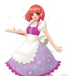  :d artist_name bangs blunt_bangs blush brown_eyes commentary dress eyebrows_visible_through_hair hairband harvest_moon kuroonehalf looking_at_viewer natalie_(harvest_moon) open_mouth puffy_short_sleeves puffy_sleeves red_hair short_sleeves simple_background smile solo sparkle tray white_background 