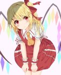  1girl :t ascot blonde_hair bow cowboy_shot eyebrows_visible_through_hair flandre_scarlet hair_between_eyes hair_bow hair_ornament highres leaning_forward long_hair looking_at_viewer miniskirt orange_neckwear red_bow red_eyes red_ribbon red_skirt ribbon santarou shirt short_sleeves side_ponytail skirt solo touhou white_shirt wings wrist_cuffs 