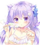  animal_ear_fluff animal_ears blue_bow bow breasts cleavage food frills hair_bow hair_ornament holding holding_food kinokomushi long_hair looking_at_viewer original popsicle purple_eyes purple_hair raised_eyebrows simple_background small_breasts solo twintails upper_body white_background white_bikini_top wrist_cuffs 