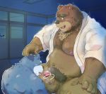  2012 anthro balls belly blood blue_fur blush brown_fur censored clothed clothing erection eyes_closed fur giant_panda group humanoid_penis male male/male mammal moobs navel night nipples nosebleed open_shirt overweight overweight_male penis shirt sitting tachiuo ursid 