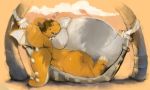  anthro belly big_belly claws digital_drawing_(artwork) digital_media_(artwork) dragon fullheroo hair hammock lying morbidly_obese obese open_mouth overweight sleeping toe_claws white_skin wings yellow_skin 