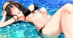  bikini black_bikini black_hair blue_eyes blush breasts cleavage commentary_request eyebrows_visible_through_hair front-tie_top go-1 hair_over_eyes hairband hand_on_own_stomach hips idolmaster idolmaster_cinderella_girls idolmaster_cinderella_girls_starlight_stage knee_up large_breasts long_hair looking_at_viewer lying navel on_back parted_lips partially_submerged sagisawa_fumika side-tie_bottom solo swimsuit thighs water 