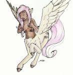  areola azkre blush breasts centaur dark_skin equine equine_taur female fluttershy_(mlp) flying friendship_is_magic fur hair humanoid long_hair mammal my_little_pony nipples nude open_mouth pegasus pink_hair smile solo taur traditional_media_(artwork) wings yellow_fur 