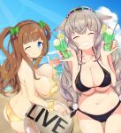  .live 2girls ^_^ akiiro animal_ears ass ball beach beachball bikini blue_eyes blush bow breast_lift breasts brown_hair cherry cherry_hair_ornament cleavage closed_eyes closed_mouth collarbone cup day drinking_glass drinking_straw eyebrows_visible_through_hair facing_viewer food food_themed_hair_ornament fruit green_bow hair_bow hair_ornament highres holding holding_ball kakyouin_chieri large_breasts long_hair looking_at_viewer mokota_mememe multiple_girls nail_polish navel one_eye_closed parted_lips red_nails smile strap_lift swimsuit teeth thick_eyebrows twintails 