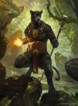  2018 anthro biped black_panther bram_sels feline fire fire_magic hi_res lord_windgrace magic_the_gathering magic_user male mammal official_art panther signature solo tagme weapon 
