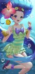  :d absurdly_long_hair air_bubble blue_hair breasts bubble fish flower frills goggles goggles_on_head green_eyes hair_flower hair_ornament hand_up heterochromia highres league_of_legends lee_seok_ho long_hair looking_at_viewer open_mouth pool_party_zoe purple_eyes rubber_duck sandals small_breasts smile swimsuit underwater very_long_hair wristband zoe_(league_of_legends) 