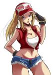  baseball_cap black_gloves black_panties blonde_hair blue_eyes blue_shorts breasts cleavage collarbone cowboy_shot cutoffs denim denim_shorts fatal_fury fingerless_gloves genderswap genderswap_(mtf) gloves groin hat large_breasts legs_apart long_hair looking_at_viewer navel open_fly open_mouth panties ponytail red_vest short_shorts shorts simple_background sketch snk_heroines:_tag_team_frenzy solo terry_bogard the_king_of_fighters thighs underwear vest white_background yamada_(fanfantaisa) 
