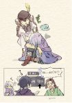  1girl 3boys angry backpack bag black_hair boots bow brown_hair cloak comforting comic cuffs cyrus_(octopath_traveler) dress gameplay_mechanics gloom_(expression) hair_bow handcuffs hat hat_feather highres hollow_eyes multiple_boys oboro_keisuke octopath_traveler pants paper_background petting shirt short_hair short_ponytail shouting silver_hair sitting sparkle standing sweatdrop therion_(octopath_traveler) thick_eyebrows thumbs_up tressa_(octopath_traveler) twitter_username vest 