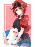  ae-3803 ahoge belt black_shirt box breasts cabbie_hat carrying cowboy_shot denim denim_shorts fu_xiao gloves hat hataraku_saibou highres jacket lips looking_at_viewer medium_breasts name_tag pink_background red_blood_cell_(hataraku_saibou) red_eyes red_hair red_jacket shirt short_hair short_shorts shorts simple_background solo two-tone_background white_background white_gloves 