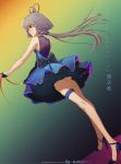 absurdres artist_name bare_arms bare_shoulders blue_dress blue_footwear bow dress dress_bow eyebrows_visible_through_hair full_body gradient gradient_background green_eyes grey_hair high_heels highres holding holding_ribbon long_hair luo_tianyi ribbon solo standing sumubing thigh_strap vocaloid vocanese 