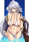  ahoge bikini blue_sky bokuso braid breasts choker cleavage cloud collarbone commentary_request cross cross_necklace curvy day eyebrows_visible_through_hair granblue_fantasy gun hair_between_eyes highres jewelry large_breasts long_hair midriff navel necklace off_shoulder rifle sagging_breasts silva_(granblue_fantasy) silver_hair sky swimsuit twin_braids underboob very_long_hair wading water weapon white_bikini yellow_eyes 