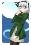  1girl black-framed_eyewear black_hairband black_legwear blue_eyes blush casual cowboy_shot eyebrows_visible_through_hair glasses green_coat grey_skirt hairband highres konpaku_youmu konpaku_youmu_(ghost) looking_at_viewer miniskirt open_mouth pantyhose santarou short_hair silver_hair skirt solo standing touhou 