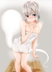  1girl blue_eyes blush breasts cleavage collarbone contrapposto grey_background hair_between_eyes highres konpaku_youmu konpaku_youmu_(ghost) naked_towel santarou short_hair silver_hair small_breasts solo standing touhou towel white_towel 