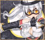  absurdres breasts cleavage dated flower_knight_girl gloves hat highres large_breasts long_hair marker_(medium) mask mouth_hold nakaishow orange_eyes side_ponytail signature smile solo traditional_media translation_request warunasubi_(flower_knight_girl) white_gloves white_hair 
