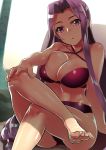  bare_shoulders barefoot bikini breasts chiha_(abo_ecm_mk25) cleavage collarbone commentary_request crossed_legs error fate/stay_night fate_(series) feet hand_on_own_knee highres hips large_breasts long_hair looking_at_viewer low-tied_long_hair palm_tree purple_eyes purple_hair rider sidelocks sitting solo swimsuit tree very_long_hair wrong_feet 