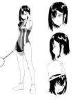  aoreyo asymmetrical_clothes bad_id bad_pixiv_id badminton badminton_racket black_hair blush bucket drooling full_body greyscale hair_tucking hanebado! highres holding holding_racket looking_at_viewer monochrome multiple_views racket shiwahime_yuika short_hair single_bare_shoulder smile sportswear standing 