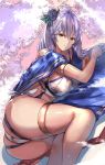  ahoge ass belt blue_cape braid breasts cafe_au_lait_(kafeore) cape cleavage crop_top flower granblue_fantasy hair_between_eyes hair_flower hair_ornament large_breasts legs long_hair lying midriff navel on_side parted_lips sideboob silva_(granblue_fantasy) silver_hair swimsuit thigh_strap thighs twin_braids yellow_eyes 