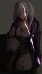  belt closed_mouth commentary dark female_my_unit_(fire_emblem:_kakusei) fire_emblem fire_emblem:_kakusei gloves hand_on_own_face highres hood hood_down long_sleeves my_unit_(fire_emblem:_kakusei) pants robe simple_background sitting skeptycally solo twintails twitter_username white_hair 