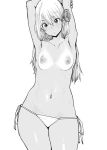  1girl areolae armpits arms_up bikini breasts female large_areolae long_hair looking_at_viewer monochrome navel nipples original pon side-tie_bikini solo swimsuit tan tanline topless 