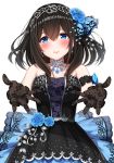  absurdres bad_revision bangs bare_shoulders black_dress black_gloves black_hair blue_eyes blue_flower blue_ribbon blue_rose blush breasts cleavage collarbone commentary_request diadem downscaled_revision dress elbow_gloves floral_print flower gloves go-1 hair_between_eyes hair_ribbon highres idolmaster idolmaster_cinderella_girls idolmaster_cinderella_girls_starlight_stage jewelry large_breasts long_hair looking_at_viewer md5_mismatch outstretched_arms parted_lips ribbon rose rose_print sagisawa_fumika sash simple_background smile solo stenciled_rose white_background 