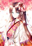  alternate_hair_length alternate_hairstyle bangs black_hair blue_eyes eyebrows_visible_through_hair flower hair_flower hair_ornament japanese_clothes kara_no_kyoukai kimono long_hair looking_at_viewer obi parted_bangs ramune_(cherrykde) ryougi_shiki sash smile solo upper_body very_long_hair 