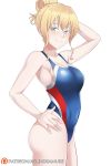  aslindsamure asobi_asobase bangs blonde_hair blue_eyes breasts cleavage closed_mouth collarbone commentary competition_swimsuit cowboy_shot english_commentary hair_between_eyes highres large_breasts long_hair olivia_(asobi_asobase) one-piece_swimsuit patreon_logo smile solo standing swimsuit white_background 