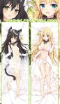  animal_ear_fluff animal_ears bangs bare_shoulders beads bed_sheet black_hair blonde_hair blue_eyes blunt_bangs blush breasts bride cat_ears cat_tail cleavage collar collarbone commentary_request dakimakura detached_collar dress dress_lift earrings elbow_gloves elf eyebrows_visible_through_hair flower full_body gloves green_eyes hair_beads hair_between_eyes hair_flower hair_ornament hairband highres isekai_maou_to_shoukan_shoujo_dorei_majutsu jewelry large_breasts lily_(flower) long_hair looking_at_viewer lying menggongfang metal_collar multiple_girls multiple_views navel_cutout on_back open_mouth panties pointy_ears rem_galeu see-through shera_l_greenwood small_breasts strapless strapless_dress tail toenails toes underwear wedding_dress white_dress white_gloves white_hairband white_panties 