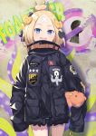  :d abigail_williams_(fate/grand_order) bangs black_bow black_jacket blonde_hair blue_eyes blush bow commentary_request cowboy_shot crossed_bandaids fate/grand_order fate_(series) hair_bow hair_bun heroic_spirit_traveling_outfit highres jacket joker_(tomakin524) key keyhole long_hair long_sleeves looking_at_viewer object_hug open_mouth orange_bow parted_bangs polka_dot polka_dot_bow round_teeth sleeves_past_fingers sleeves_past_wrists smile solo standing star stuffed_animal stuffed_toy teddy_bear teeth upper_teeth 
