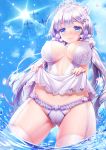  absurdres aircraft airplane alternate_costume ass_visible_through_thighs azur_lane bangs blue_eyes blue_sky blush breasts bridal_veil cameltoe cleavage closed_mouth commentary_request covered_nipples cuerv day dress elbow_gloves eyebrows_visible_through_hair from_below garter_straps gloves groin hair_ornament highres illustrious_(azur_lane) large_breasts lifted_by_self long_hair looking_at_viewer low_twintails mole mole_under_eye no_bra outdoors panties skindentation sky smile solo sunlight thighhighs thighs tiara twintails underwear veil wading water wedding_dress wet white_dress white_gloves white_hair white_legwear 