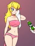  1girl alternate_costume arm bare_arms bare_legs bare_shoulders blonde_hair blue_eyes bottle breasts choker closed_mouth collarbone eyebrows_visible_through_hair gradient gradient_background hand_up heart highres legs lips lipstick long_hair makeup mario_(series) medium_breasts midriff navel neck nintendo panties pink_choker pink_lipstick pink_panties pink_tubetop princess_peach scorpdk short_shorts shorts smile solo_focus standing strapless super_mario_bros. towel tubetop underwear 