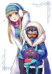  1girl bent_over black_hair blonde_hair blue_eyes chocolate chocolate_heart commentary dark_skin dark_skinned_male earmuffs eating eyebrows_visible_through_hair facial_mark food food_on_face fur_coat fur_collar gloves goggles heart hood hooded_jacket jacket knit_hat konomoto_(knmtzzz) league_of_legends long_hair malzahar monster open_mouth scarf syndra winter_clothes younger 