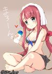  barefoot bikini blue_eyes blush bottle breasts brown_background closed_mouth commentary_request eyebrows_visible_through_hair indian_style kantai_collection kawakaze_(kantai_collection) long_hair looking_at_viewer red_hair simple_background sitting small_breasts smile solo sou_(soutennkouchi) swimsuit towel towel_on_head water 