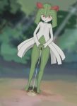  1girl armad bar_censor blush censored collarbone dutch_angle female flat_chest full_body gen_3_pokemon green_hair highres kirlia looking_down nipples no_humans nude open_mouth outdoors peeing personification pokemon pokemon_(creature) pussy shiny shiny_hair shiny_skin short_hair solo standing tree 